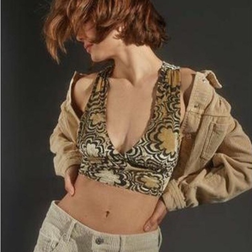 Urban outfitters Elegant Black and Gold tan Floral crop Top velvet tie back